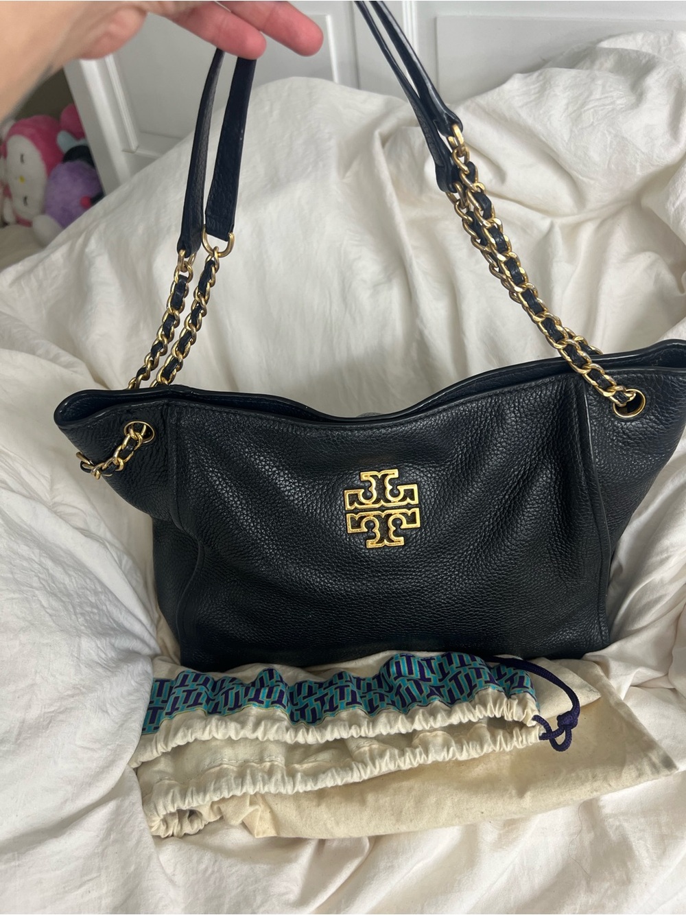 Tory Burch Black Pebbled Leather Shoulder Bag with Gold Logo & Chain Straps
